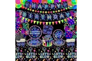 DVAORC 178 PCS Let's Glow Neon Party Supplies Glow Tableware Set Neon Balloon Glow in the Dark Birthday Banner Neon Balloon Cake Toppers for Blacklight Party Decoration Serves 20…