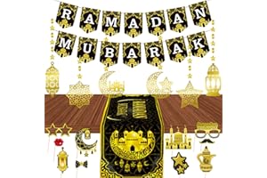 LECONCES Ramadan Decorations Set- Ramadan Mubarak Garland Eid Decoration Ramadan Mubarak Banner, Table Runner, Photo Booth Props, Shining Islam Gold Star Moon Lantern Ramadan Mubarak Party Decor