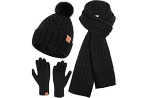 Bequemer Laden Mujeres Invierno Gorro Bufanda Larga Guantes Tactiles Conjunto de Punto Gorras Lana con Pompón Forro Polar Regalo Mujer