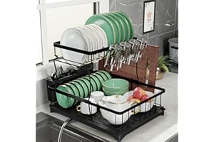 PRIME FEEL 2 Tier Dish Drainer Rack, Rustproof Dish Drying Rack for Kitchen Countertop, Draining Board Rack with Drip Tray, Cutlery Drainer, Glass Holder & Chopping Board Rack, (Black)