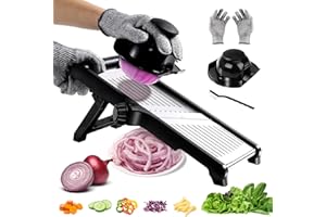 OZD Mandoline Professionnelle Cuisine, Coupe Legumes Multifonction en INOX, Epaisseur de 1 à 9 mm Tranche Réglable, Julienne pour Pomme de Terre Oignon Tomate – Brosse de Nettoyage et Gants