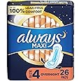 Always Maxi Feminine Pads For Women, Size 4 Overnight Absorbency, With Wings, Unscented, 26 Count