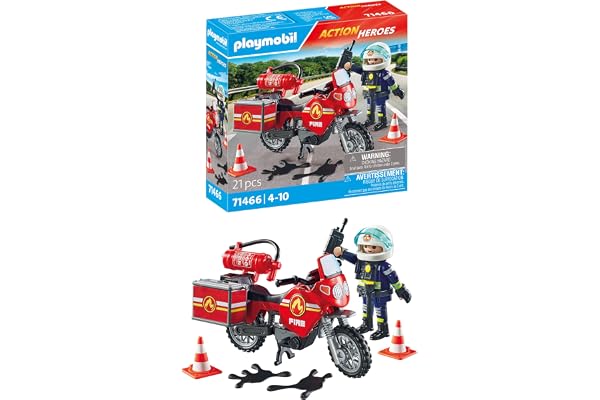 Playmobil 71466 Pompier et Moto - Action Hereos - avec Un Personnage, Une Moto équipée d'un extincteur, Une Boite à Bagages et des pylônes pour sécuriser la Zone - Ville & Métiers - Dès 4 Ans