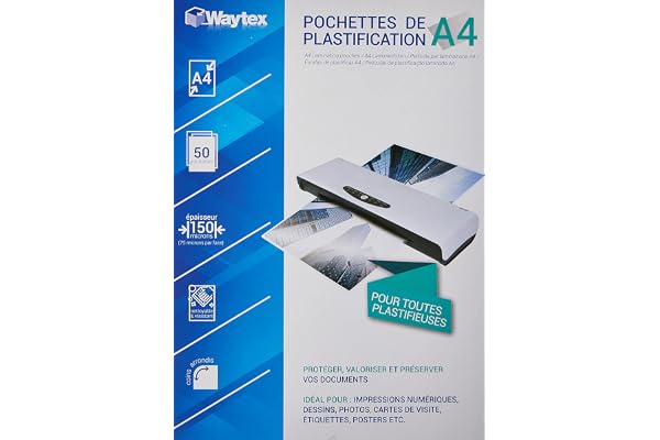 WAYTEX Pack 50 feuilles de plastification A4 75 microns finition brillante transparente