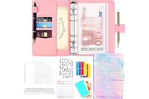 CHARSHIU 35Pcs Money Budget Binder, A6 PU Leather Cash Binder with Clear Cash Envelopes, Budget Sheets and Label Stickers, Money Saving Binder for Expense Budget＆Travel＆Diary(Laser Pink)