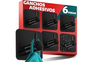 Menz ganchos adhesivos para pared inox, 6 piezas - toalleros de baño sin taladro - colgadores autoadhesivos resistentes, percha para albornoz ropa paño de cocina, Negro
