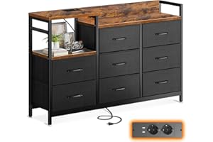 ODK Comoda Dormitorio, 2 Puertos USB y 2 AC, Cajonera Multifuncional para Dormitorio y Salón - Aparador Estable y Duradero, 132 x 30 x 88 cm, Vintage y Negro