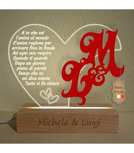 Lampada A Cuore Personalizzata Con Dedica - Luce LED, Base Legno, Regalo Romantico Per Coppie - Made In Italy - Foto 7