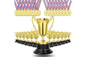 ELECDON 24Pcs Kids Mini Gold Awards Trophy Includes Gold Small Plastic Trophy Cup 3.34'' and Winner Medals 1.4'' for Party Favors School Sports Events Prize Competition, Golden