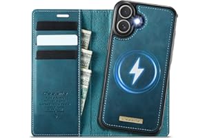 Coverilo Handyhülle für iPhone 16 Hülle Abnehmbar 2-in-1 Magnetische Premium PU Leder Klapphülle Kabelloses Laden Kartenfach RFID Schutz Standfunktion Schutzhülle für iPhone 16 – Blaugrün