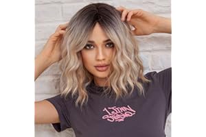 WOKESTAR Bob Lockige Perücke mit Fransen, Kurze Synthetische Gewellte Perücken für Frauen Blonde Farbe