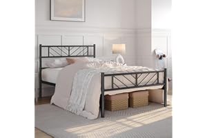 Yaheetech 3ft Single Bed Frames Metal Slatted Bed Platform with Arrow Design Headboard, Under-bed Storage, No Box Spring Needed, Black