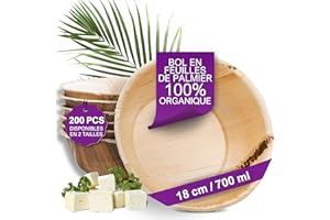 Waipur Bols en Feuilles de Palmier - 200 pcs. Grands de 18 cm / 700 ml - Vaisselle Jetable Naturelle et Élégante - Chic, Résistante et au Design Unique - Saladier pour Buffet - comme le Bambou