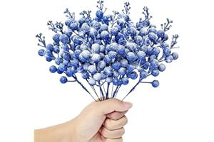 Kunjocy 12 Pcs Snowy Christmas Glitter Berries Stems - Frosted Decorations Artificial Picks for Wreath Garland Xmas Tree Ornament (Royal Blue)