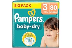Pampers Baby Dry Lot de 80 couches pour bébé Taille 3 (6-10 kg) Protection complète contre les fuites jusqu'à 12 heures