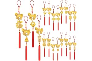 JUNEBRUSHS 16Pcs Chinese New Year Decorations Year of Horse Lucky Charm Feng Shui Tassel Hanging Pendants Ornaments for New Year Home Health Wealth Success Lucky Decor