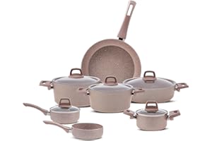 Karaca 12-Piece Rosegold Granite Pots and Pans Set - Biogranite Non-Stick Cookware Set, 4 Pots with 4 Glass Lids & 1 Granite Frying Pan & 1 Saucepan with Lid, PFOA, Dishwasher-Safe, Pink