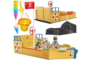 KIDIZ® arenero niños Ahoi, Barco Pirata, Barco de Vela de Madera, Incluye Cubierta, Cubierta de Suelo, Banco, asta de Bandera, Colorido