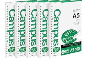 Kokuyo Campus Loose Leaf Paper for Binders, 5 Pack A5 Plain Filler Paper, Blank Sarasara Smooth Writing, 20 Holes, 100 Sheets/Pack, pH Neutral, Bleed Resistant, 75gsm, Japan Import (NO-807WEN)