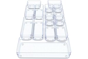 Unique Impression Zestaw 15 organizerów do szuflad, przezroczyste przegrody, do makijażu, do biurka, sypialni, łazienki, biura, kuchni, na kosmetyki, artykuły papiernicze, sztućce