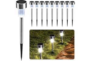CUQOO Solar Garden Stake Lights - White 10 LED Waterproof Stainless Steel Pathway Lights, Rechargeable Outdoor Solar Light for Garden, Patios & Walkways