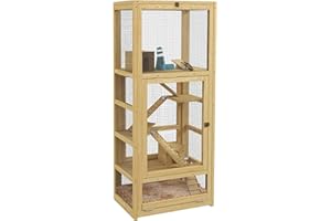 PawHut Klatka na chomiki lub mysz, małe drewniane zwierzęta, 5 poziomów z drabiną, huśtawką, budką, napojem, zdejmowana taca, 54 x 38 x 131 cm, naturalna