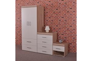 DRP Trading White & Sonoma Oak 3 Piece Bedroom Furniture Set, 1 Drawer Chest, 4 Drawer Chest, 2 Door Wardrobe, Complete Bedroom Ensemble, Ideal for Bedroom Organisation, Room Storage, Elegant Decor…