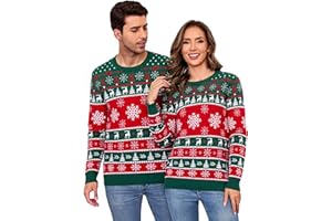 Aottori Suéter Navidad Mujer Hombre Cuello Redondo Manga Larga Renos Copo Nieve Invierno Familia Pareja Punto Pullover Jersey Festivo Cálido