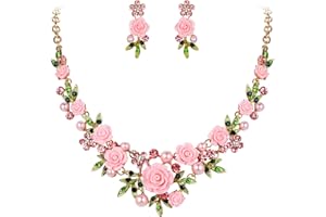 Ever Faith Women's Crystal Simulated Pearl Pink Rose Flower Leaf Necklace Pierced Earrings Set Gold-Tone