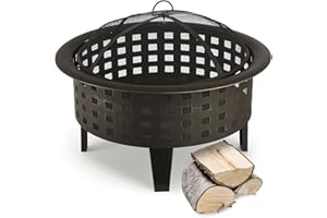 blumfeldt Boston - Braséro, Chauffage Exterieur, Barbecue, Ø 70cm, Acier, Motif en Carreau, Elégant, Métal Robuste de Haute qualité, Tisonnier, Grillage Contre Les étincelles - Noir
