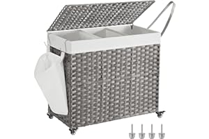 SONGMICS Cesto Portabiancheria con Coperchio, 160L, Cesta Biancheria in Rattan Sintetico con Ruote, 3 Scomparti, Sacco Rimovibile, Lavanderia Camera da Letto, 70 x 36 x 66 cm, Grigio LCB365G01