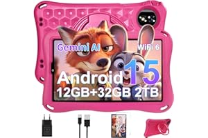 DEERTIME Tablette Enfants 9 Pouces Android 15 GMS,12Go RAM + 32Go ROM(TF 1 To), Octa-Core, Gemini AI Tablette Tactile, 5G WiFi 6, Widevine L1, 5000mAh,BT 5.0,Contrôle Parental Tablette avec EVA Cas-Rose
