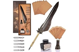 GOLDGE Quill Feather Pen Set - Antique Dip Calligraphy Writing Ink With 5 Replacement Nibs, Holder, 8 Writing Papers and 4 Envelopes
