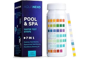AQUANEXO Lot de 100 bandelettes de test pour piscine et spa 7 en 1, accessoire de piscine, testeur d'eau pour pataugeoire, testeur d'eau pour piscine, testeur pH et chlore, brome, alcalinité, CYA,