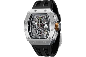 TSAR BOMBA Montre de Luxe Homme Etanche 50M Tonneau Analogique Chronometre Squelette Carrée Grand Cadran Plongee Sport Montres Mouvement Japonais Bracelet Silicone Miroir Saphir Lumineux