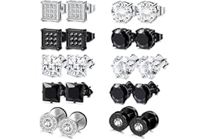XSDSLS 10 Paires Boucle D'oreille Homme Acier Inoxydable Boucles d'Oreilles Noir Argent Zircon Cubique Clous d'oreille Boucles d'oreilles Carrées Rondes Haltères Boucles d'Oreilles pour Homme Femme