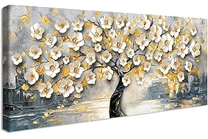 HALFLEMART Marco de Madera Grandes Cuadros Decoracion Salon Modernos Lujo Flores Blancas Árbol de la Fortuna Lienzo Decorativo Abstracto Gris Dorado Pintura Cuadros Decorativo Salon Dormitorio 50x120cm