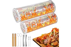 YIWONFU 2 PCS BBQ Grilling Basket, Stainless Steel Rolling BBQ Basket with Wooden Handle, Outdoor Portable BBQ Grill Basket with Fork Grilling Rack Accessories for Fish, Shrimp, Meat, Vegetables