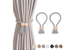 Pretty Jolly 2 Pack Wooden Cube Magnetic Curtain Tiebacks Boho Home Decor Drape Tie Backs Natural Cotton Hand Woven Rope Curtain Holdbacks for Thin & Thick Home & Office Window Draperies (Light Grey)