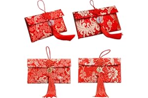 AWONLATE 4PCS Sobres Rojos de Seda, Sobres Chinos Rojos Tradicionales, Sobres de Tarjetas Chinas, Boda Tradicional China, Sobres Rojos Bordados de la Suerte China para Navidad, Año Nuevo, Boda China
