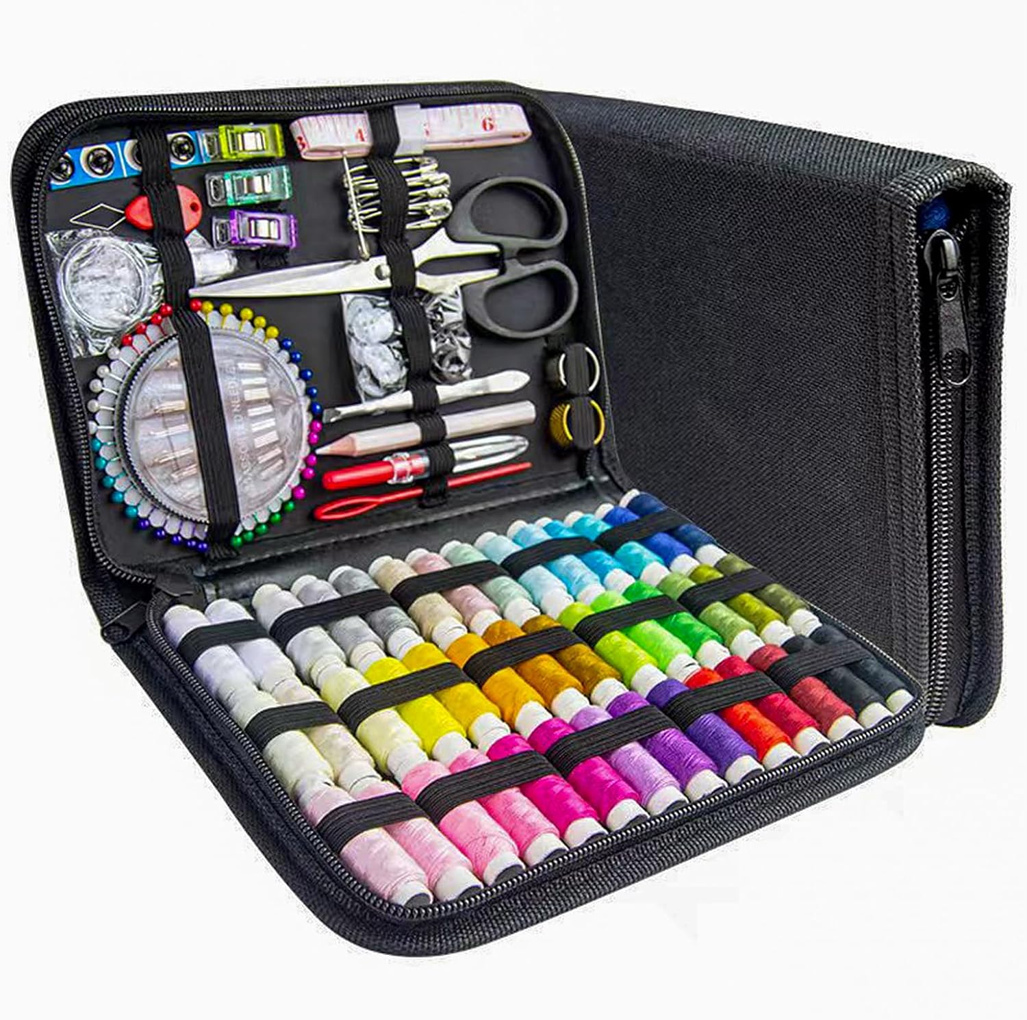 JUNING Kit de couture avec étui noir - Fournitures de couture portables pour la maison, les voyages, les adultes, les débutants, les urgences, 42 fils, ciseaux, aiguilles, mètre ruban