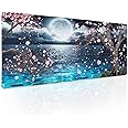 Pink Cherry Blossom Gaming Mouse Pad XL Sakura Tree Blue Ocean Moon Night Extended Big Large Desk Mat Non-Slip Rubber Base Stitched Edge Long Keyboard Mousepad for PC Computer Laptop,31.5×11.8 in