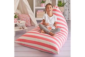Butterfly Craze Bean Bag Chair Cover, Functional Toddler Toy Organizer, Fill with Stuffed Animals to Create a Jumbo, Comfy Floor Lounger for Boys or Girls, Stuffing Not Included, Light Pink Stripes