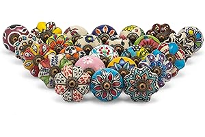 Rasiya Art Multicolour Ceramic Knobs for Cabinets and Drawers - Assorted Countryside Door Pull Handles for Dresser Kitchen Wardrobes Boho Home Interior Decor - Pack of 30