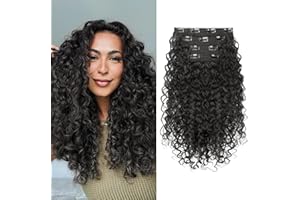 Clip in Hair Extensions, FLUFYMOOZ 4PC 100％ Pure Protein Silk Hair Extensions Long Soft Natural Hairpiece 16 Inch Curly Hair Extension for Women (Black Brown)