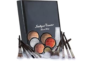 INTELLIGENT COSMETICS Mineral Makeup Set/Kit 17 Piece - Loose Powder Minerals COMPLETE SET - 2 Shades Foundation, Setting Veil, Bronzer, Highlighter, Concealer, Primer & Professional Brush Set (Medium Tan & Light Warm)