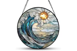 KOMERGAVE Acryl Fensterdeko Hängend, Blauwellen Sonnenfänger, Strahlender Suncatcher Boho Deko, Traumfänger Hängedeko für Wohnzimmer Garten Fensterscheibe Terrasse Wanddeko, 20x 20cm