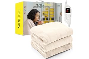 MONHOUSE Heated Throw - Electric Blanket - Digital Controller - Timer up to 9 hours, 9 Heat Settings, Auto Shutoff - Machine Washable - Double 150X200cm - BEIGE