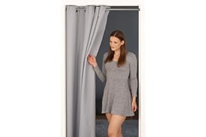 tinycurtains, tenda per porta o armadio con asta telescopica, facile da installare in 1 solo minuto senza forare (tenda grigio chiaro + asta d'argento, larghezza porta 55-90 cm)