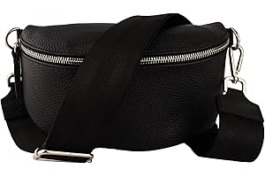 MIRROSI® Bauchtasche Damen, Echtleder, Made in Italy, Umhängetasche, Brusttasche, Crossbody Bag (1 Tasche & 2 Gurte) (Schwarz (Uni Einfarbig Schwarz), Große Tasche (28x18x9cm))